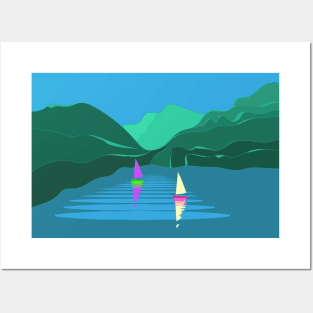 Mountains Lake Sailing Boats Summer Day Landscape Posters and Art